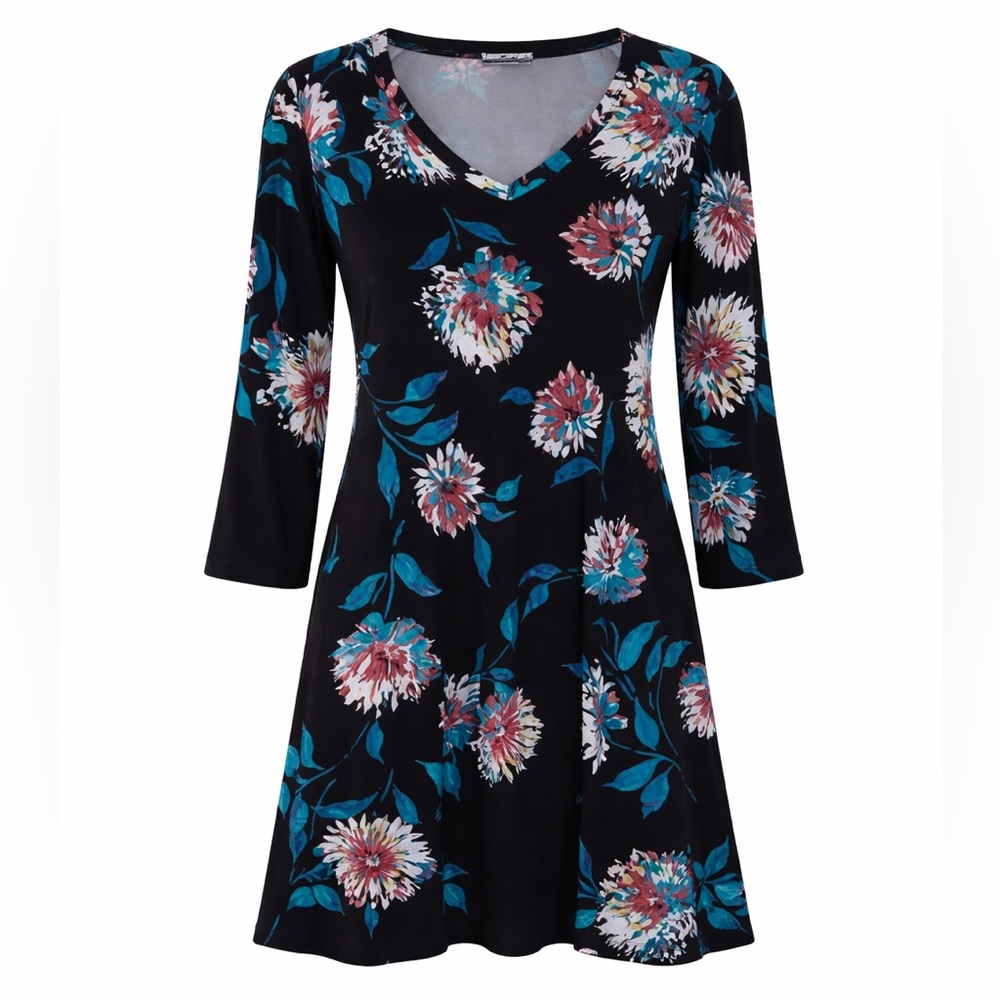 Floral V-Neck Dress Size 14 Black Blue Teal 3/4 Sleeve Tunic Style